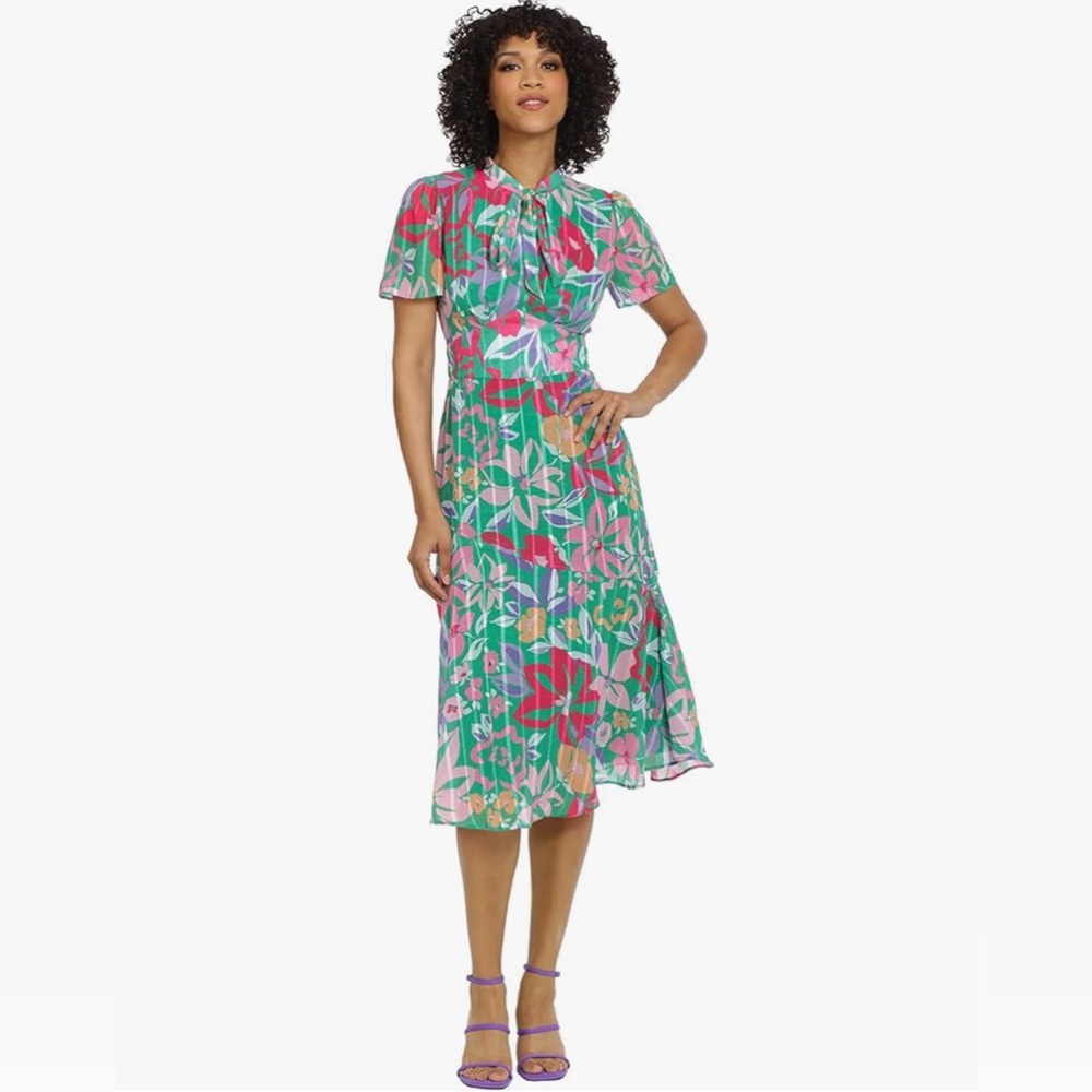 Maggy London | NWT - Floral Neck Tie Midi Dress - Green - Size 2